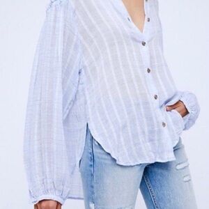 Free People Headed To The Highlands Blue Gauzy Button Down Shirt. Size Medium
